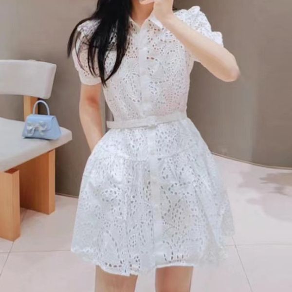 

2023 dress summer french heavy industry lace hook flower sweet belt waist wrapped shirt dress girl, Black;gray