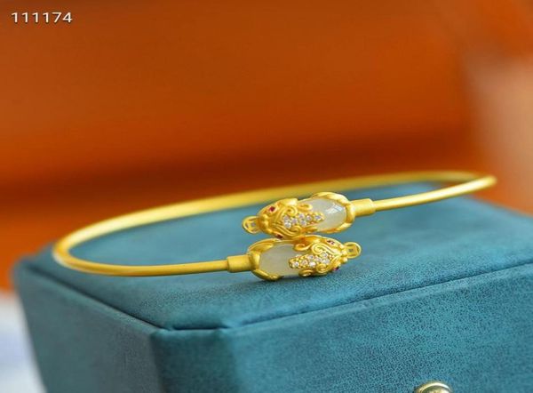 

ancient silver goldplated bracelet set with an jade white jade egg surface half buckle type9844846, Golden;silver