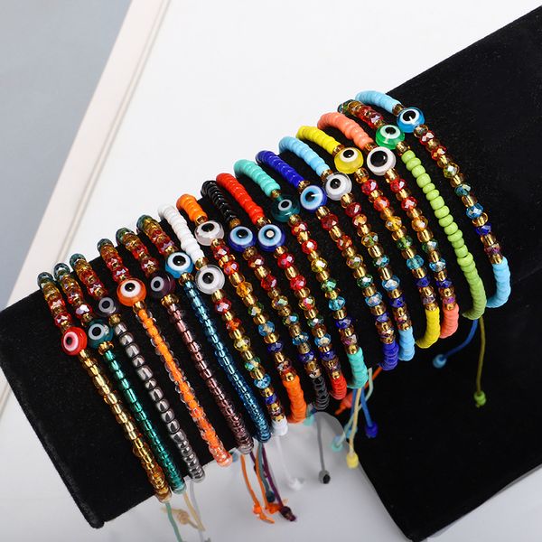 

evil turkish eye bracelet handmade rope chain rainbow crystal rice beaded elasticity bracelets for women mens jewelry, Golden;silver