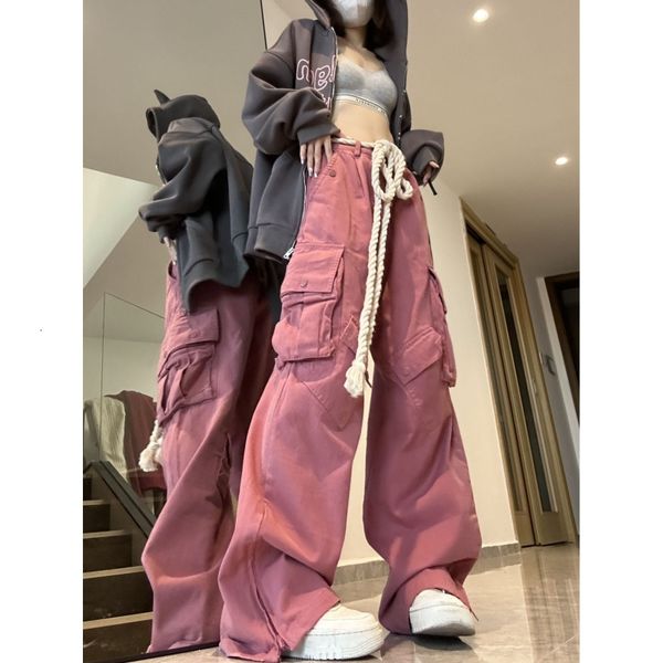 

women s jeans jins kargo banyak saku warna polos desain ritsleting samping wanita 2023 longgar musim panas dan jeans pinggang tinggi kaki le, Blue