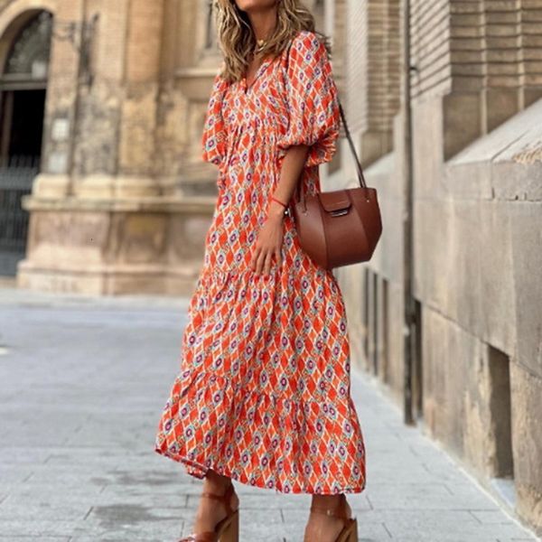 

party dresses elegant women summer puff sleeve casual floral print vneck loose holiday beach female half vestidos 230508, White;black