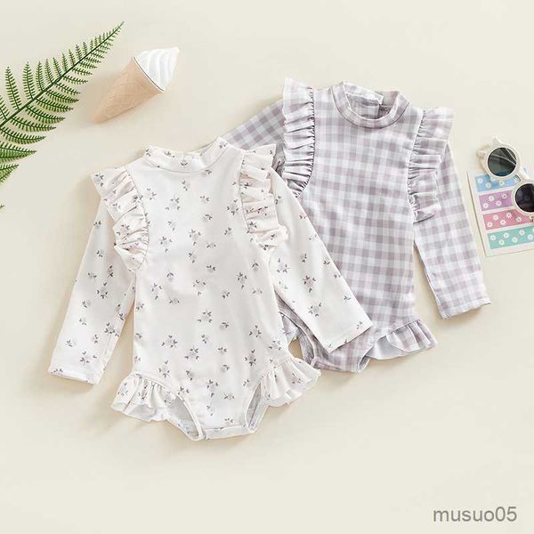 

two-pieces toddler infant girls swimsuit cute floral/plaid print baby girls long sleeve swimwear summer beachwear bathing suit, Blue