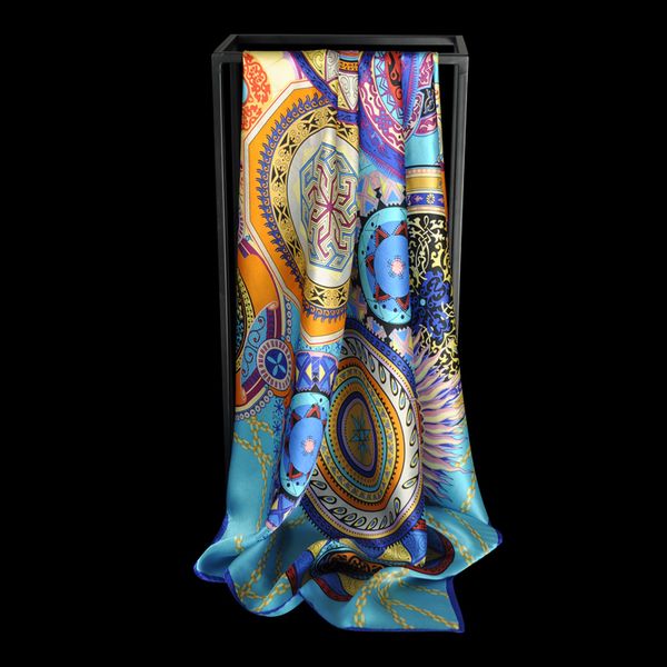 

sarong 100 real silk square scarf hangzhou neck large neckerchief for ladies print bandana 9090cm 230508, Blue;gray
