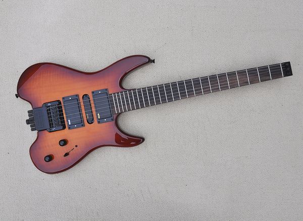 

brown headless electric guitar with flame maple veneer floyd rose rosewood fretboard