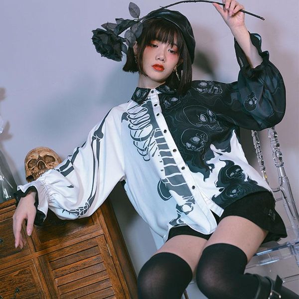 

shirts fashion harajuku skull print women's blouses punk style ladies shirts 2022 spring autumn lantern sleeve blusas mujer loose, White
