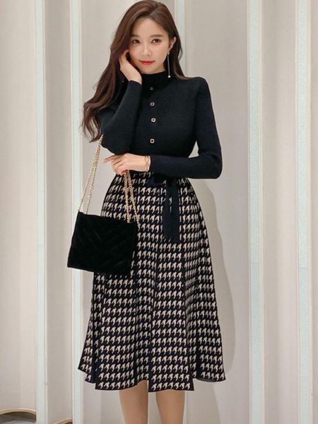 

dresses autumn winter elegant women dress lady formal knitted stretchy vintage bird lattice belt slim midi pleated robe femme vestidos, Black;gray