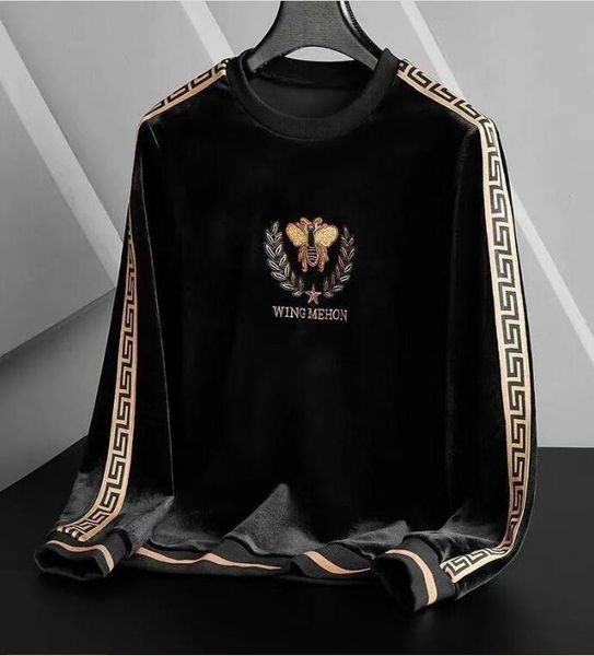 

men's hoodies & sweatshirts sweater men's fashion light luxury gold velvet round neck pullover small bee embroidered ribbon splice, Black