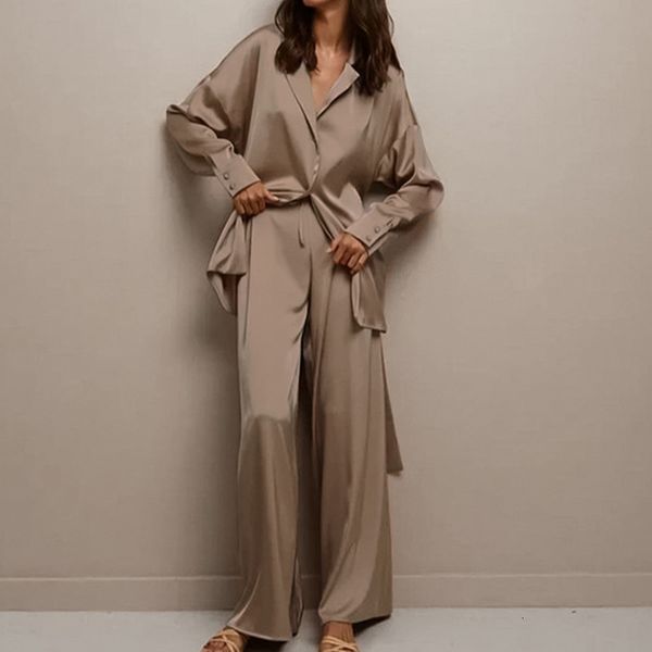 

women's sleepwear 2023 soft pajamas set women full sleeve satin silk ong pants 2 pieces suit with belt casual loose loungewear 230508, Black;red