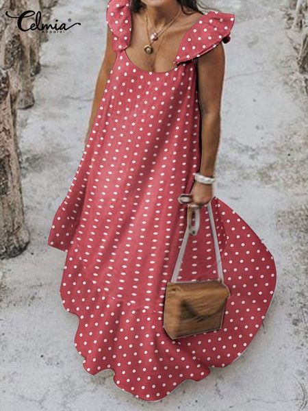 

casual dresses celmia women aline long vestidos polka dot holiday sundress summer fashon ruffled sleeveless stitching maxi dress 230509, Black;gray