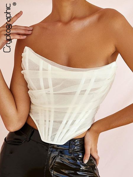 

womens tanks camis cryptographic sleeveless fashion strapless bustier corset crop female mesh backless white women zipper summer 230509