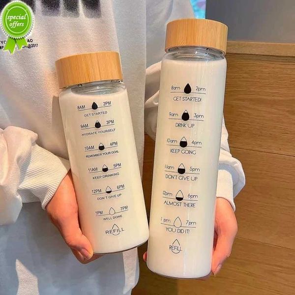 

1000ml large capacity glass water bottle with time marker cover for water drink transparent milk juice simple cup birthday gift