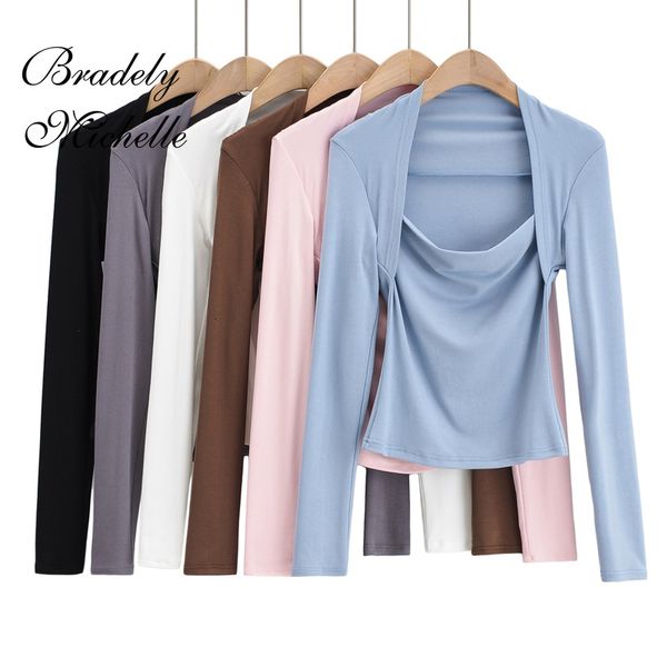

women's t-shirt fashion spring women's clothes solid skinny lust fake two long sleeve deep square collar t-shirts 230509, White
