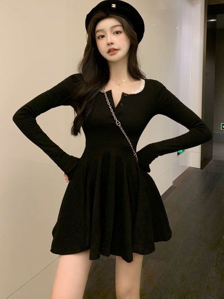 

casual dresses qweek knitted black wrap dress women korean style bodycon lace long sleeve short dresses autumn kpop outfits solid 230509, Black;gray