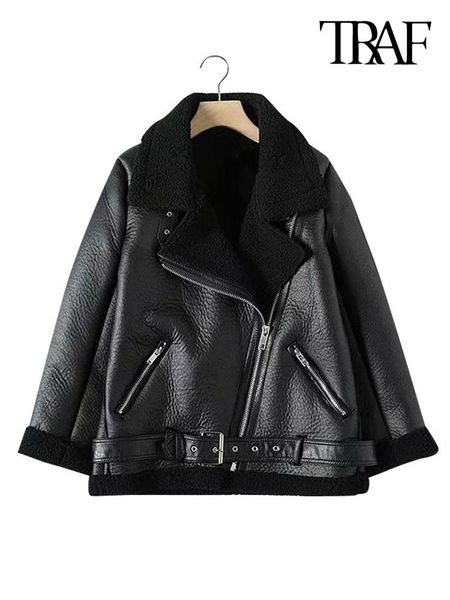 

jackets traf women fashion thick warm winter fur faux leather oversized jacket coat vintage long sleeve female outerwear chic, Black;brown