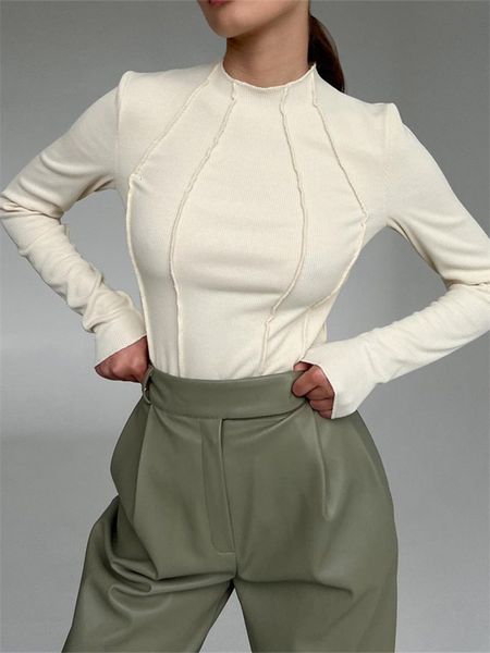 

women's t-shirt chronstyle women ruched long sleeve t-shirts spring autumn turtleneck slim fit casual pullovers female streetwear base, White