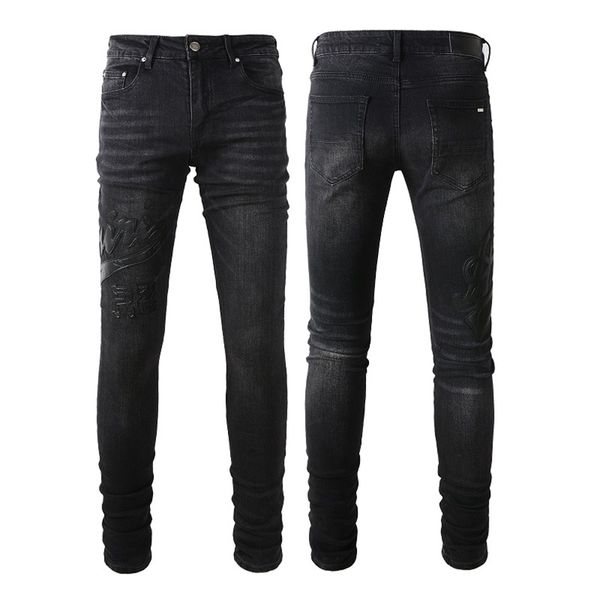 

2023 mens jeans for guys rip slim fit skinny man pants orange star patches wearing biker denim stretch cult stretch motorcycle trendy long s, Blue