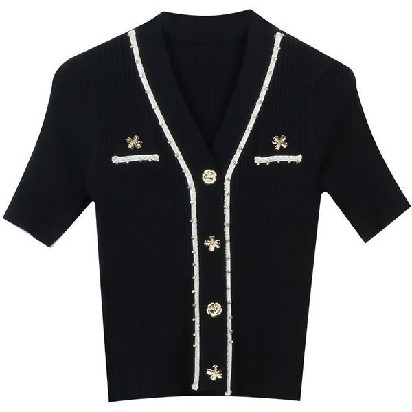

429 2023 runway summer brand same style sweater short sleeve cardigan v neck white red black fashion clothes womens mingmo, White;black