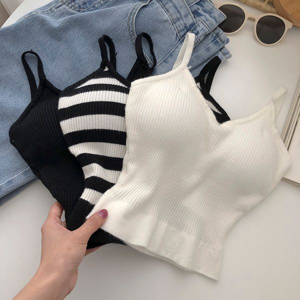 

women's tanks camis knitted camis for woman for women stripes crop built in bra spaghetti strap camisole female tank dropp 230509, White
