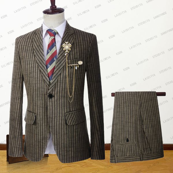 

men's suits blazers men suit tuxedo summer slim fit groom light brown linen black stripe wedding custom terno masuclino 2 pcs setjacket, White;black