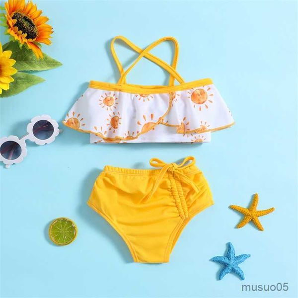

two-pieces baby girl swimsuits summer sun print infant girls bikini sets elastic drawstring beach shorts swimwear for girls, Blue