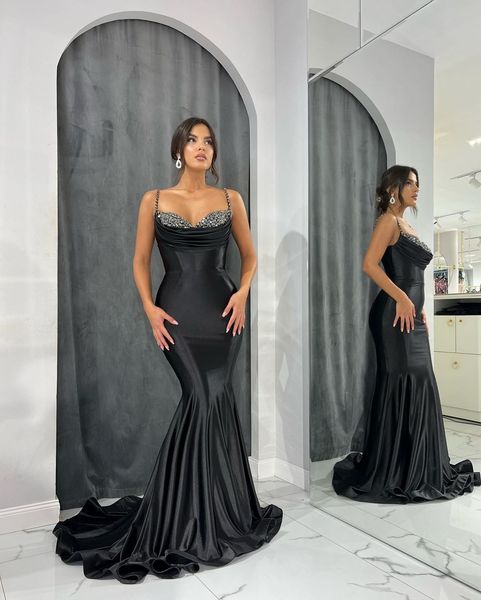 

beaded spaghetti mermaid prom dresses pleats black party evening dress pleats long special occasion dress