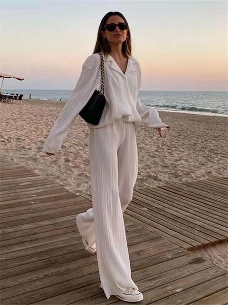 

pants wsevypo women pleated 2 piece pants sets spring summer streetwear long sleeve button down shirt+straightleg pants loose outfits, White