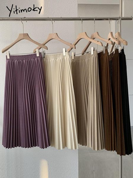 

dresses yitimoky luxury long pleated skirts for women 2023 spring new elegant office ladies chic elastic band fashion a line midi skirt, Black;gray