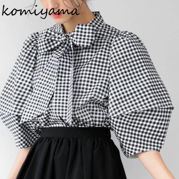 

womens blouses shirts komiyama japan elegant plaid lace up bow blusas mujer spring summer clothes women sweet shirt 230509, White