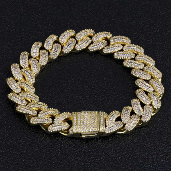 

krkc wholesale 16mm iced out baguette bracelet cuban link chain hip hop 18k gold plated men diamond jewelry cuban link bracelet, Golden;silver