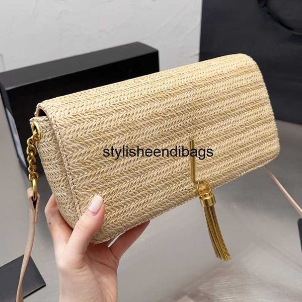 

beach straw bag fashion crossbody bags metal hardware letter tassel flap hasp removable chain leather shoulder strap cell phone pocket clutc