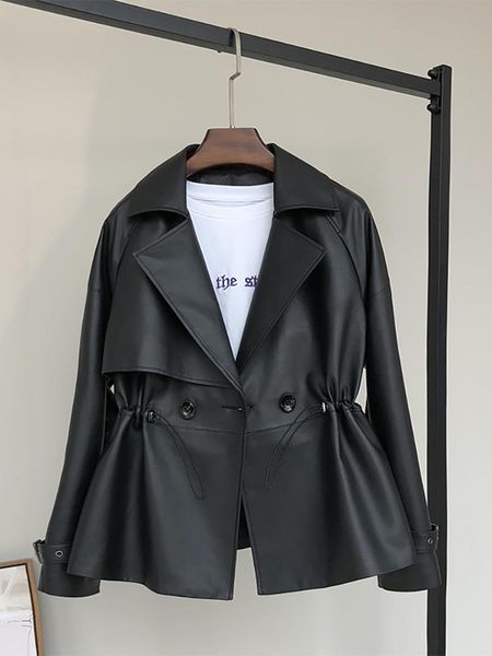 

jackets nerazzurri spring black short soft faux leather trench coat for women raglan sleeve drawstring lapel double breasted fashion, Black;brown