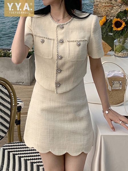 

two piece dress summer women slim fit short sleeve mini skirt set diamonds buttons office ladies matching street outfits 230508, White