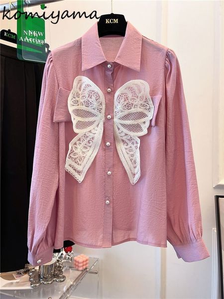

womens blouses shirts komiyama lace bow sweet pearl button blusas mujer summer clothes women korean fashion shirt 230509, White