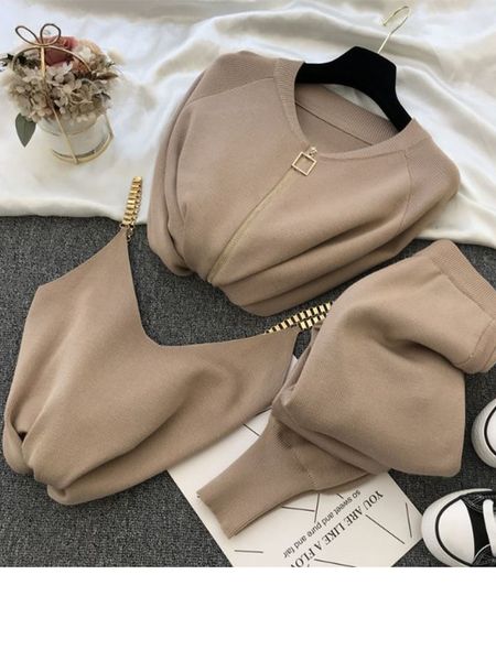 

women's two piece pants woman jacket fashion women's suit autumn sweet temperament chain vest knitted casual jacket three-piece el, White