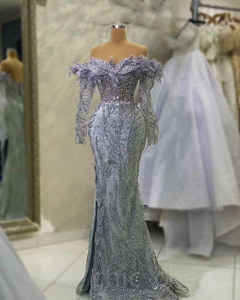 

Aso Ebi 2023 Arabic Silver Mermaid Prom Dress Crystals Feather Beaded Evening Formal Party Second Reception Birthday Engagement Gowns Dresses Robe de Soiree SH0149, Lavender