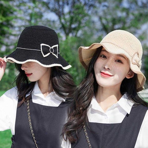 

wide brim hats women hat breathable bow decoration wavy brim non-ffy floppy sun protection collapsible handmade crochet bucket hat aa230508, Blue;gray