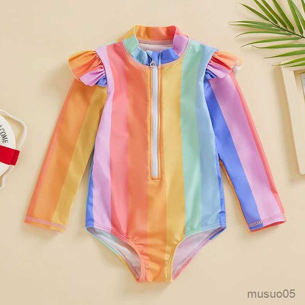

two-pieces baby girl bodysuit swimwear long sleeve zipper closure colorful striped swimsuit for infant girl summer swimming suit, Blue