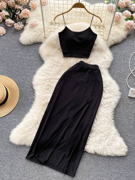 

two piece dress singreiny casual split women summer sets elegant temperament chic elastic waist ladies slim a line 230508, White