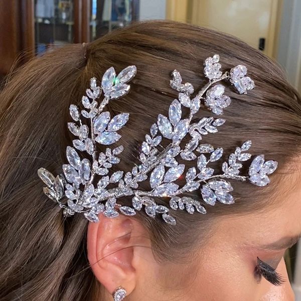 

wedding hair jewelry fashion leaves cubic zircon bridal comb birthday accessories luxury baroque crystal headband for women 230508, Slivery;golden