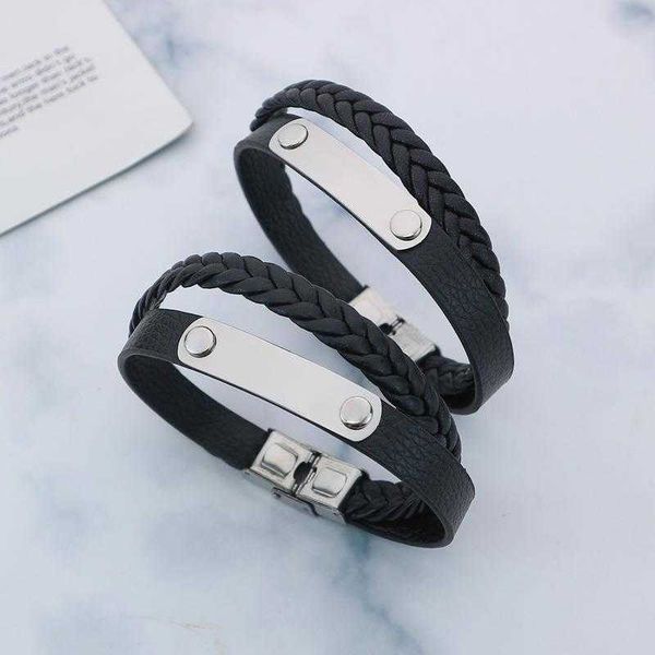 

bracelet retro simple multi layer woven leather stainless steel lettering mens, Golden;silver