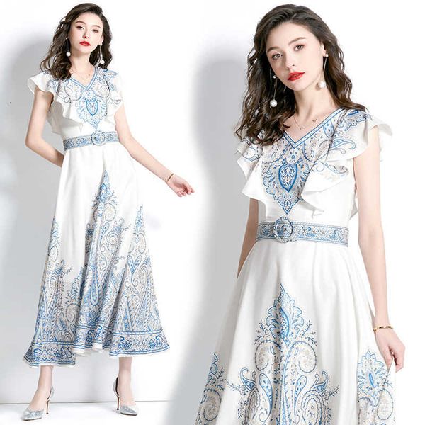 

2023 new european and american women's sleeveless ruffled v-neck style slim fit fashion long printed dress, Black;gray