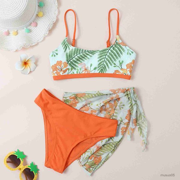 

two-pieces leaf print girls swimwear bikinis for kids children pieces swimsuit cover up set teens swimming suit biquini, Blue
