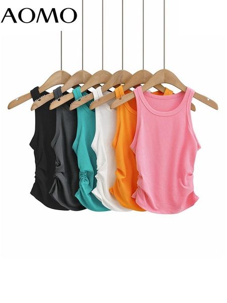 

tanks aomo women solid pleated camis crop spaghetti strap sleeveless backless short shirts female 4p133a, Black;white