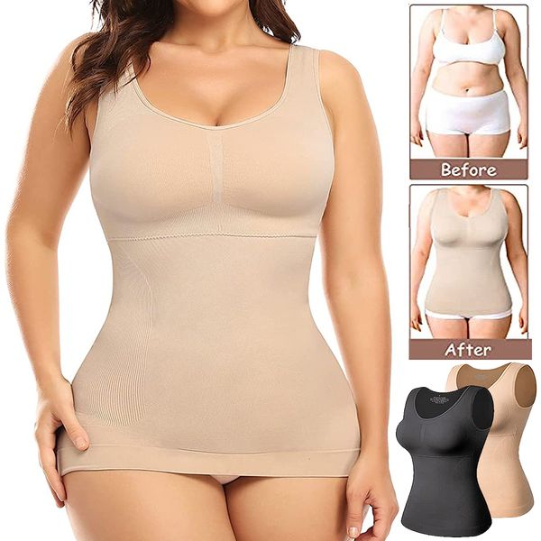 

women's shapers plus size women shaper cami with built in bra shapewear tank tummy control camisole female slimming compression undersh, Black;white
