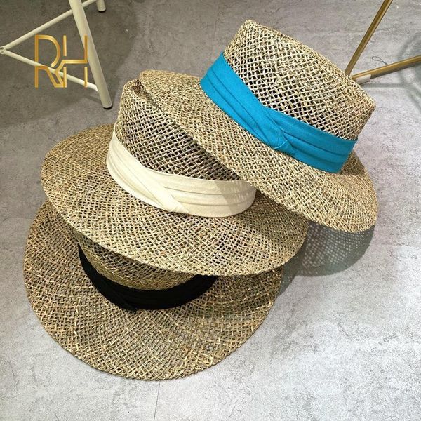 

stingy brim hats travel natural seagrass hollow flat brim hat ladies summer porkpie concave round sun beach straw with ribbon wholesale 2305, Blue;gray