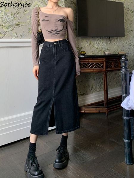 

skirts rok wanita denim retro dicuci ulzzang pinggang tinggi streetwear semua pertandingan desain celah depan chic siswa perempuan pertengah, Black