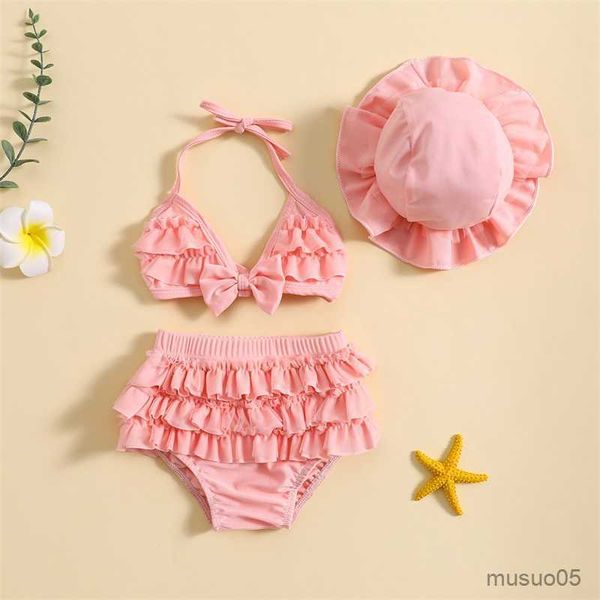 

two-pieces fashion summer newborn baby girls swimwear bikini set cute bowknot hanging neck layered ruffle shorts hat beachwear, Blue