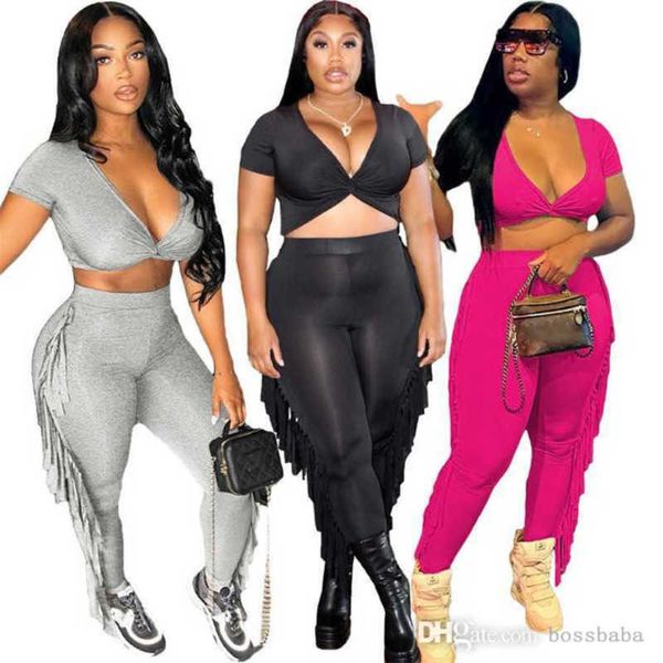

2023 summer women tracksuits designer two piece outfits new tassel trousers cross short sleeve two-piece set, White
