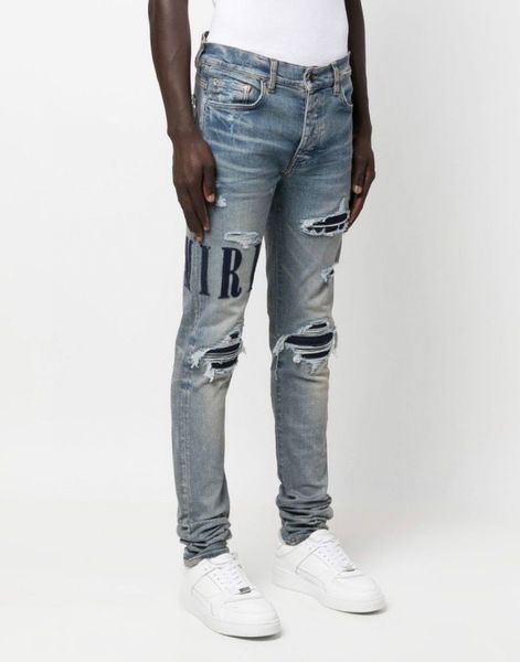 

men's jeans serif stretch cotton denim jeans slim distressing fading distressed skinny ripped destroyed denim moto biker pants 230509, Blue