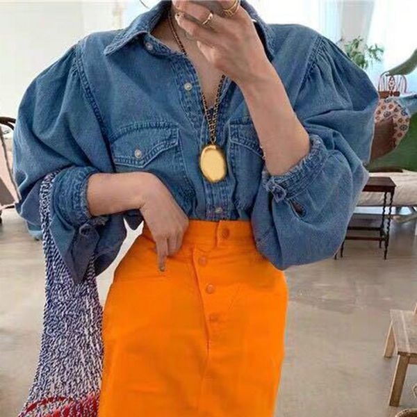 

polos korean fashion vintage loose puff sleeve denim tshirts coat y2k blue polo stitching casual long sleeve indie women's clothes, White